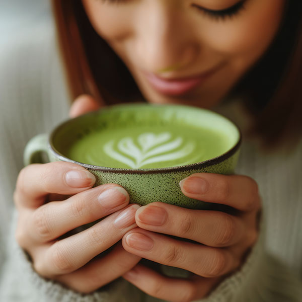 woman-drinks-matcha-tea-cafe